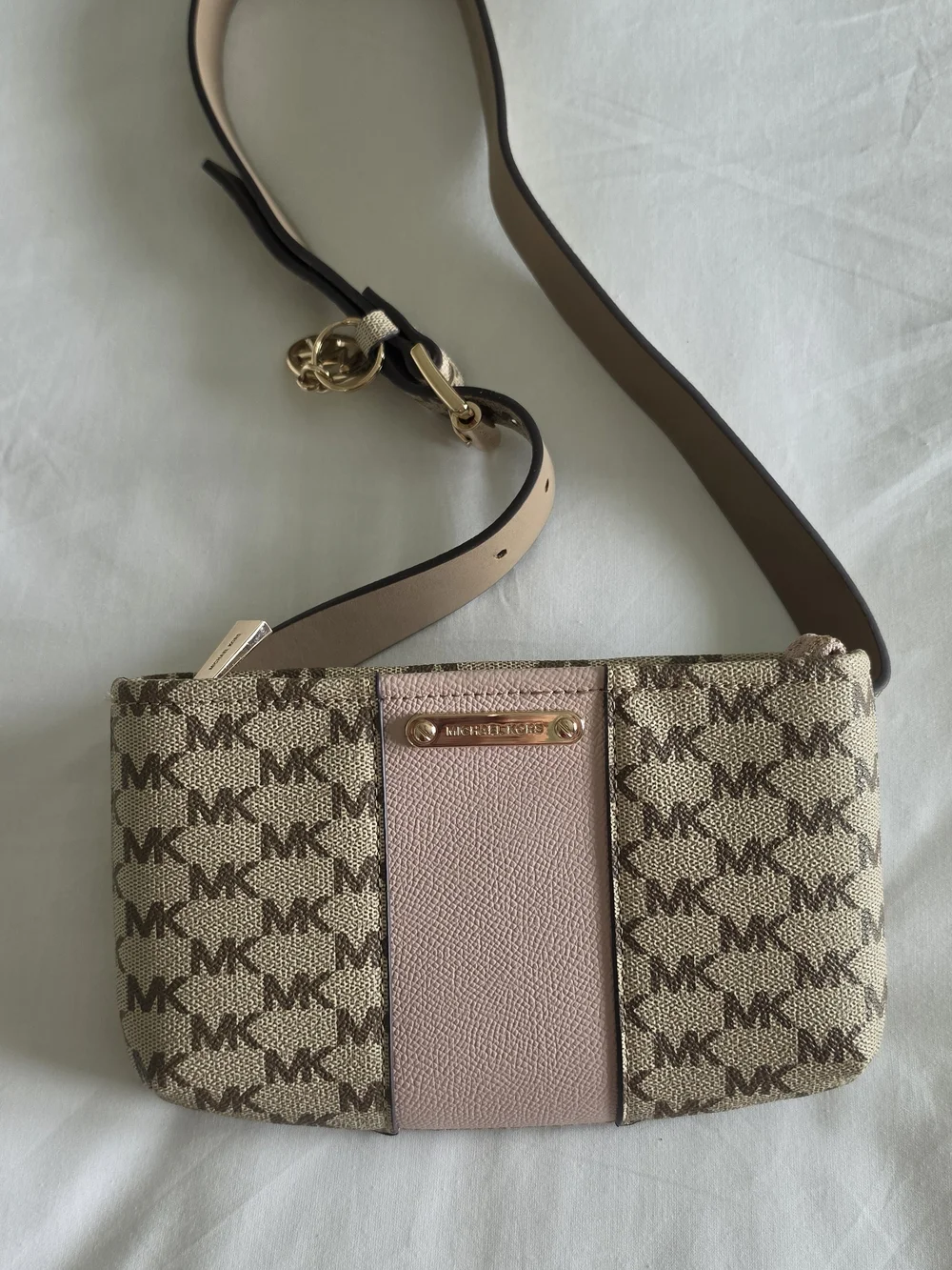 Michael Kors Beige and Pink Patterned Crossbody Bag Or Fanny Pack.